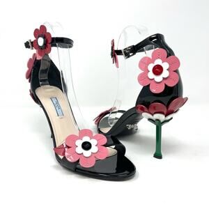 Prada 2017 Floral Appliqué Patent Leather Sandal Sculpture Heel Ankle Strap 39.5